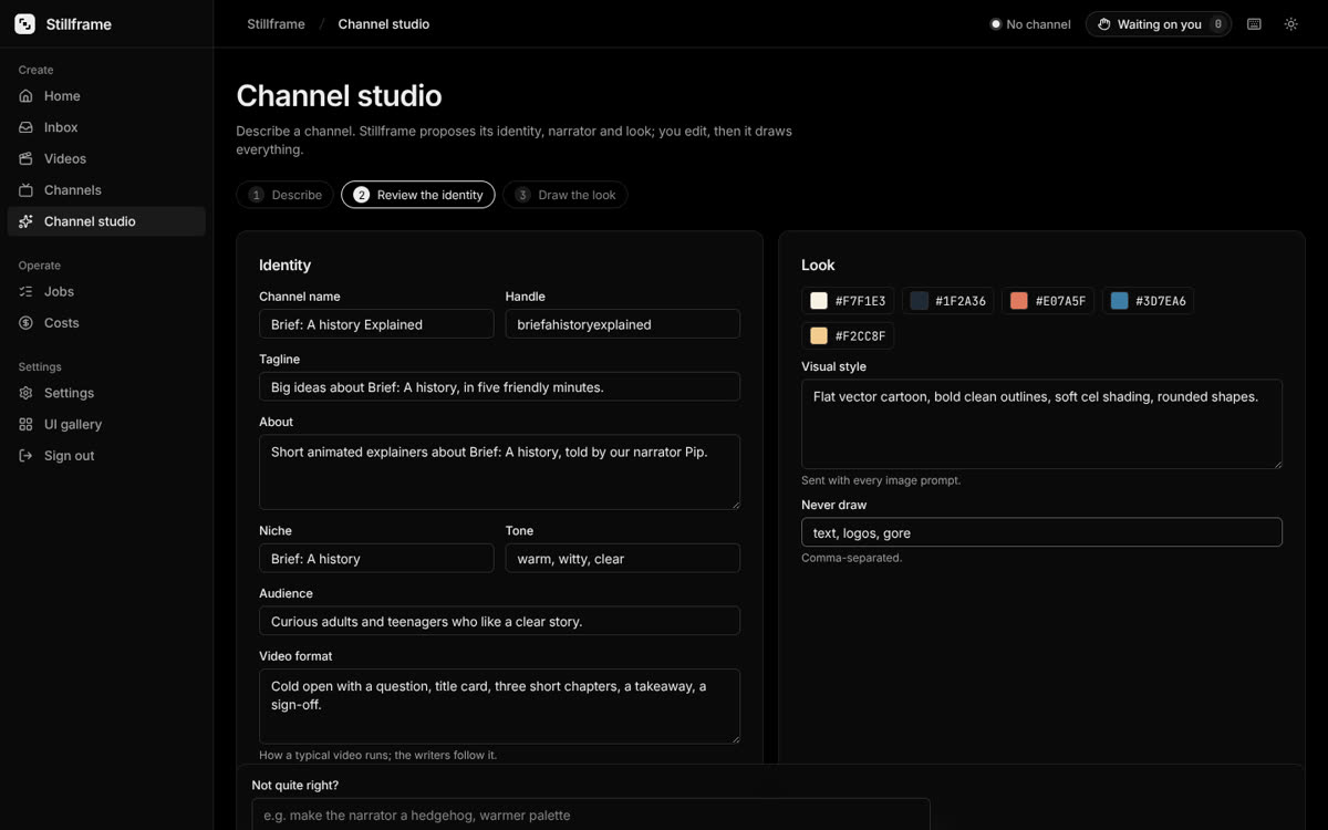Stillframe's channel studio: describe a channel and it proposes the name, tagline, audience, video format, palette and visual style, all editable.