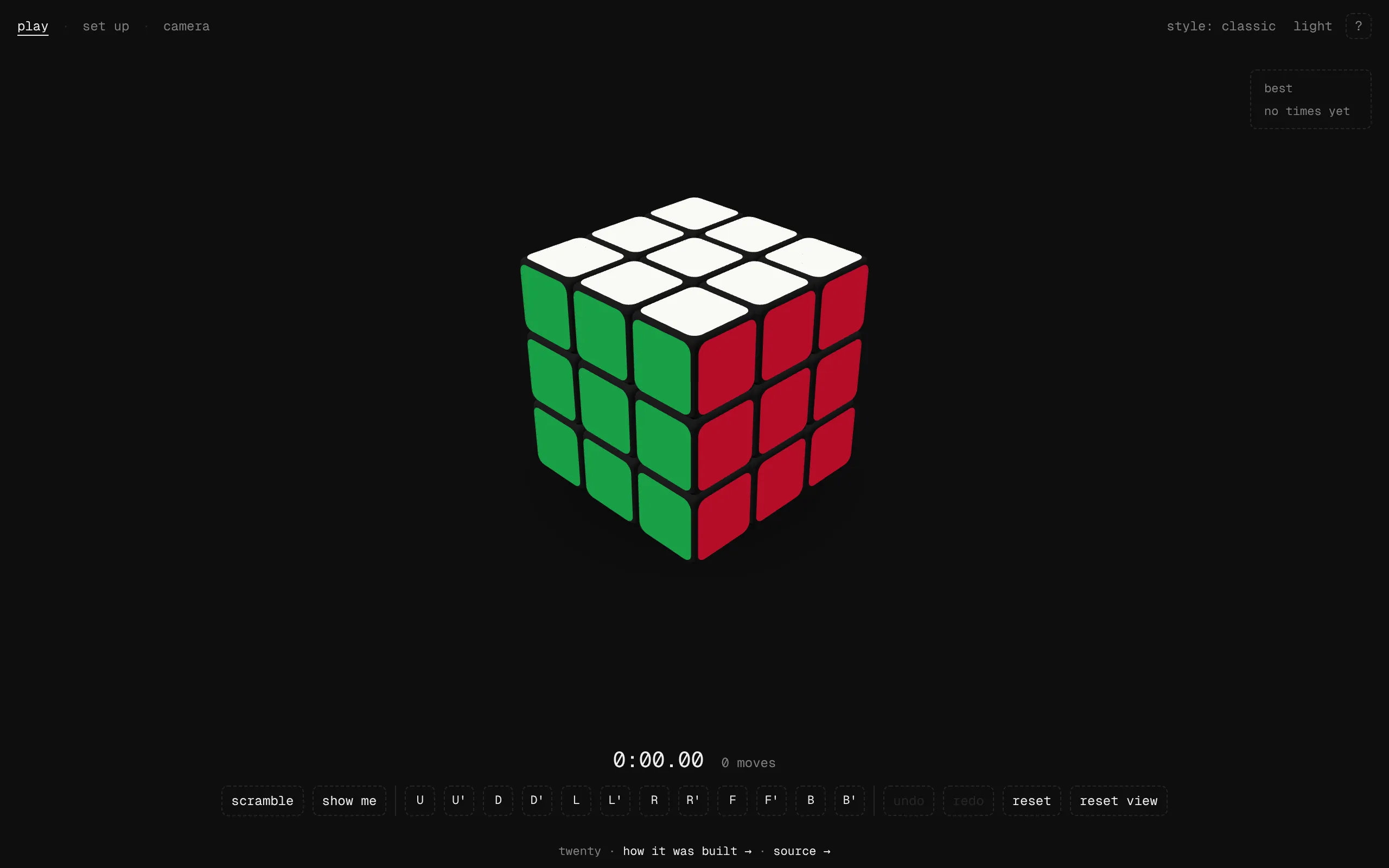 A 3D Rubik's cube on a white page, solved, with white on top, green in front and red on the right, under the tabs play, set up and camera, and a style picker and theme toggle on the right.