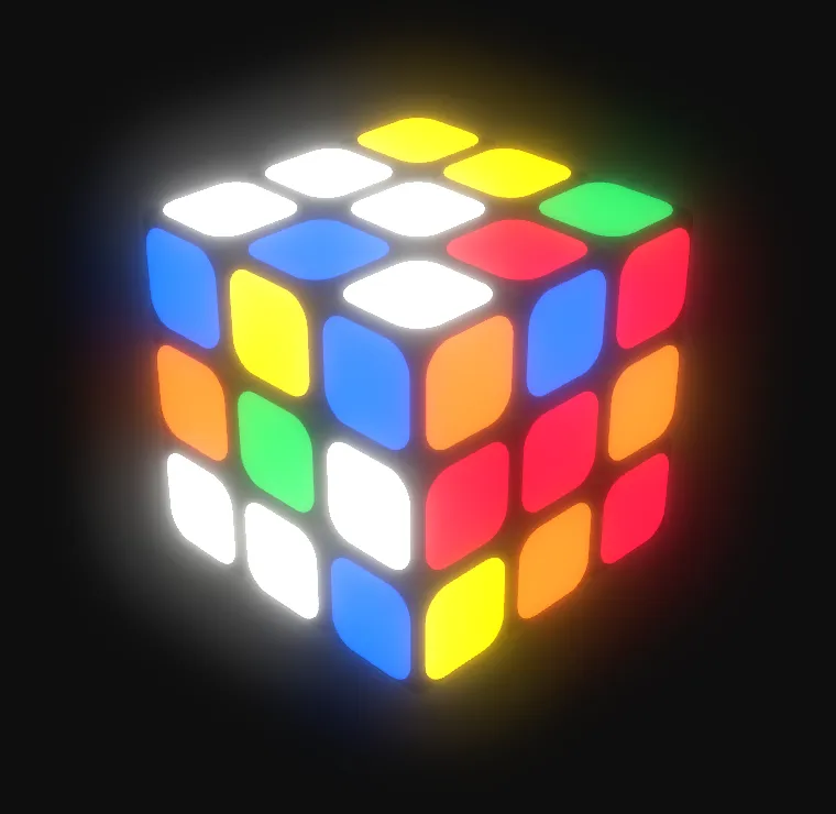 The scrambled cube in the neon style with the lights off